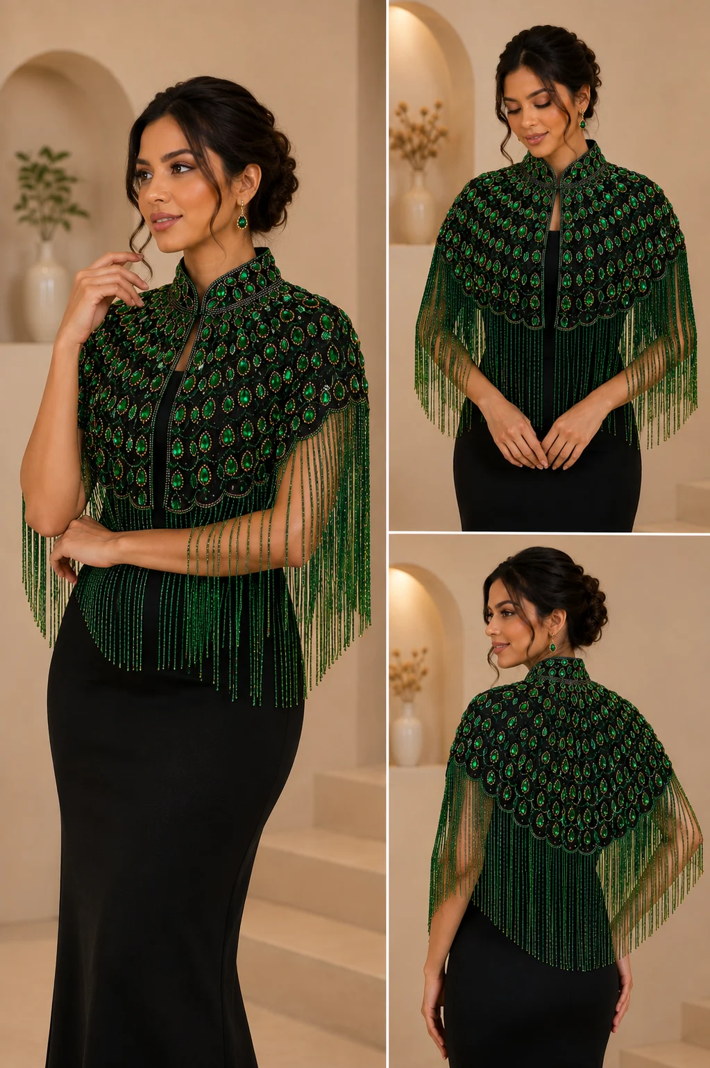 Emerald Luxe Fringe Cape — Havnme fashion UAE